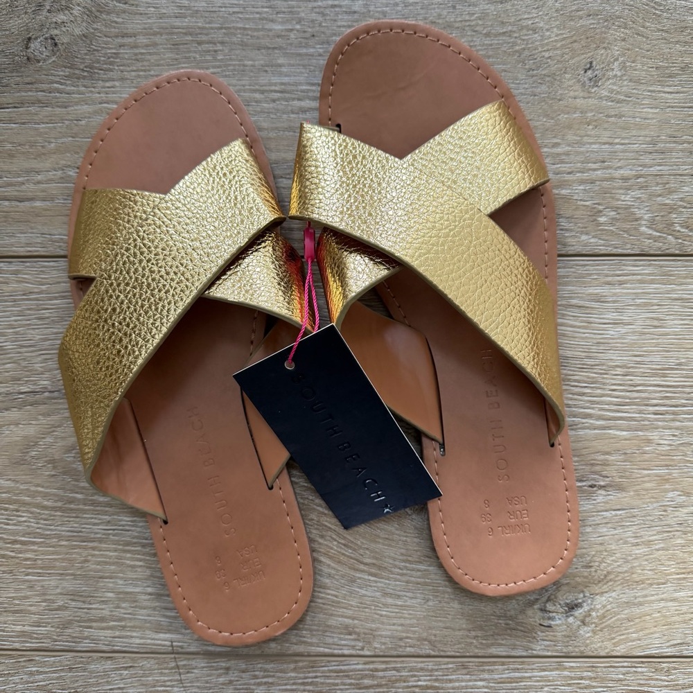 South‎ Beach metallic gold criss-cross slide sandals Sz 8 Summer Vacation NEW